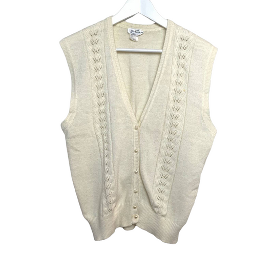 80s Tan F Jay Cream Knit Sweater Vest Pearl Buttons XL Grandpa Academia