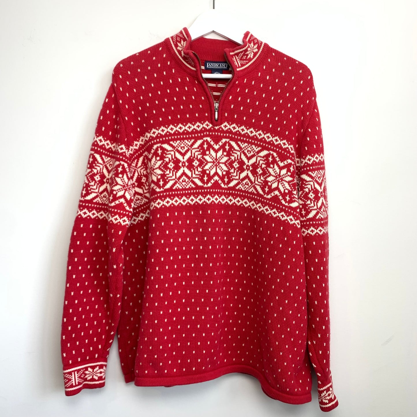 90s Lands' End Red Chunky Knit Sweater Fair Isle Nordic Cotton Half Zip Pullover Size XL