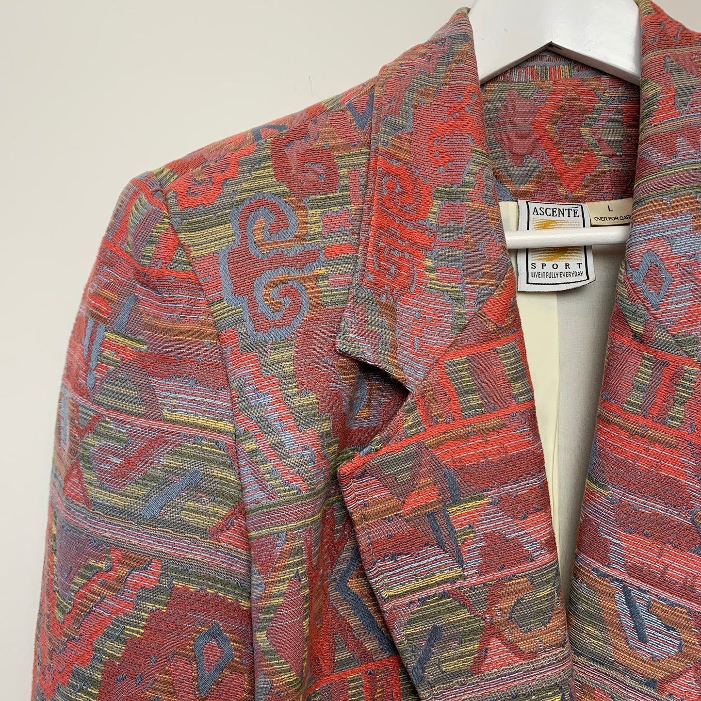 80s 90s Ascente Sport Tapestry Blazer Multi Color Red and Blue Large Made in the USA