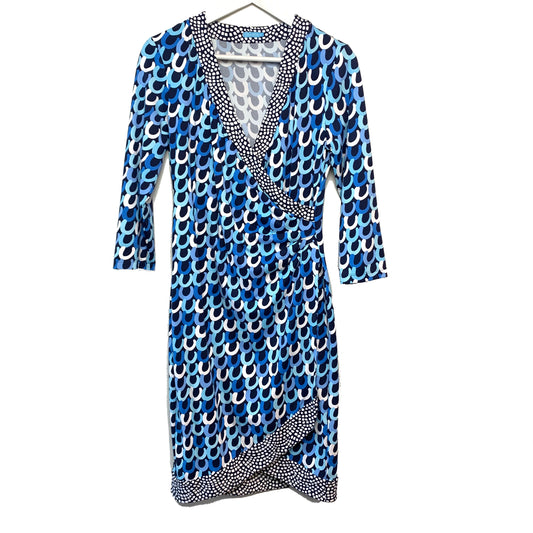 J. McLaughlin Catalina Cloth Blythe Faux Wrap Dress Midi with 3/4 Length Sleeves Blue Print Small