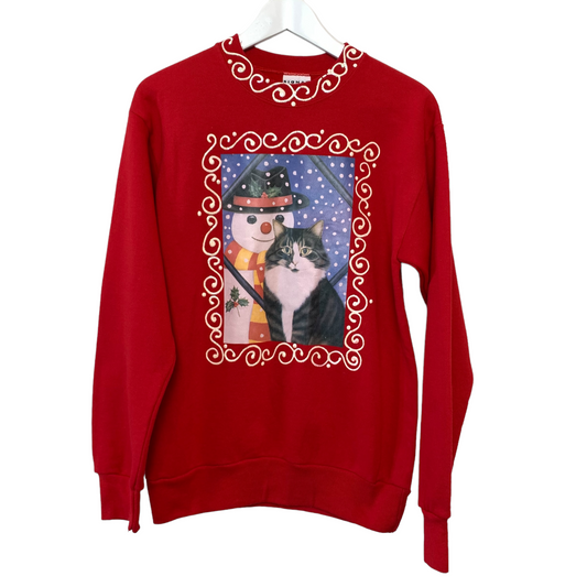 Vintage 90s Signal Sports Cat and Snowman Red Puff Paint Winter Sweatshirt Medium