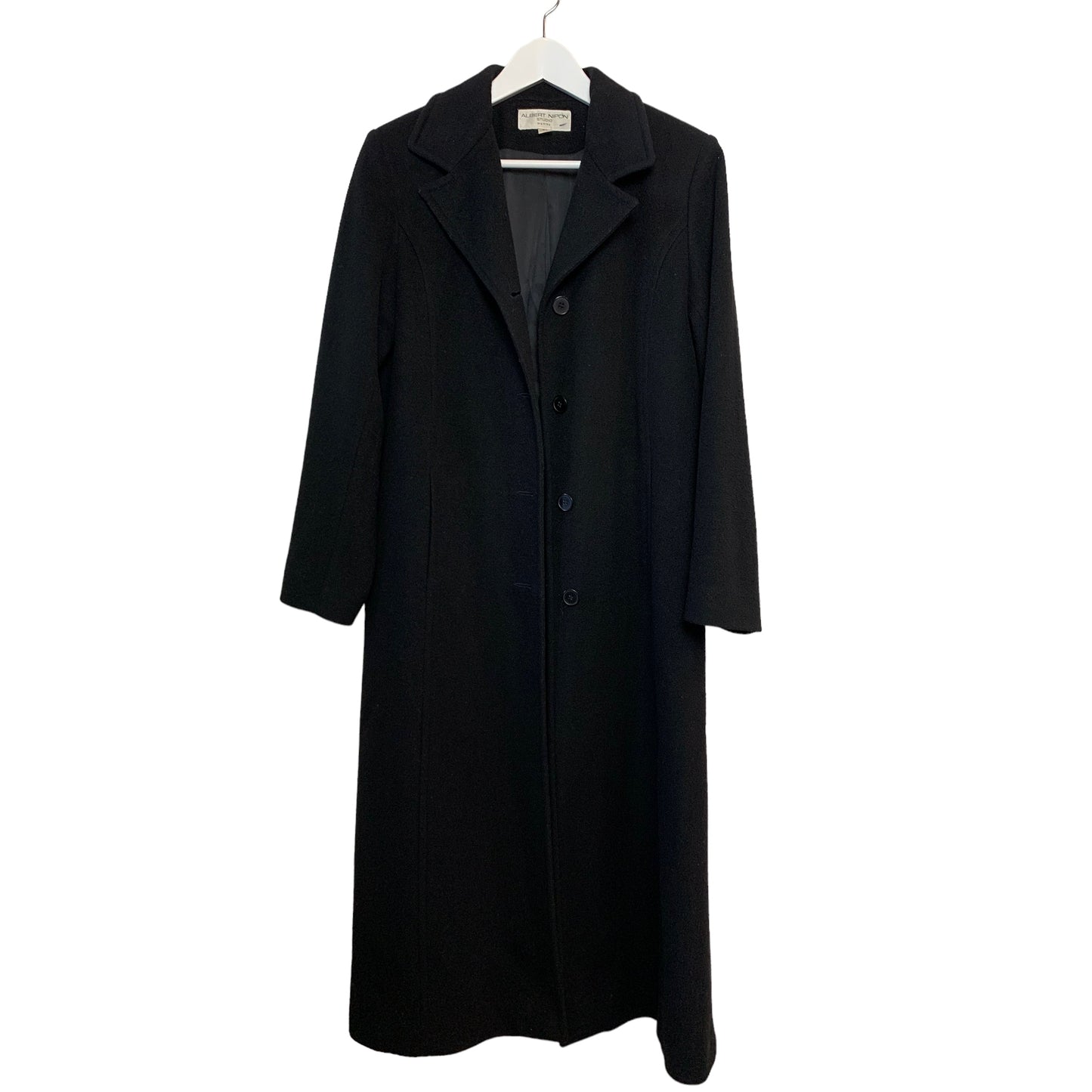 Vintage 80s Albert Nipon Long Coat Black Cashmere Wool 8 Petite