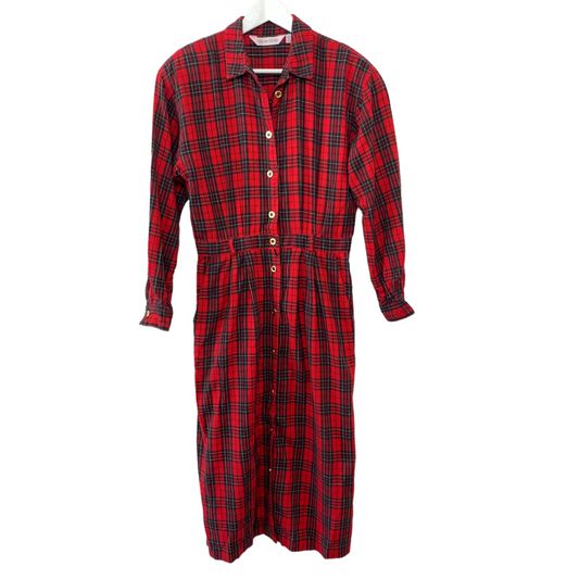 Vintage 90s Andrew Harvey Red Plaid Tartan Flannel Midi Dress Long Sleeve Shirt Dress 10