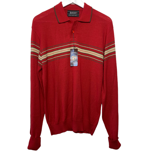 NWT 70s 80s Jantzen Red Polo Sweater with Stripes Large