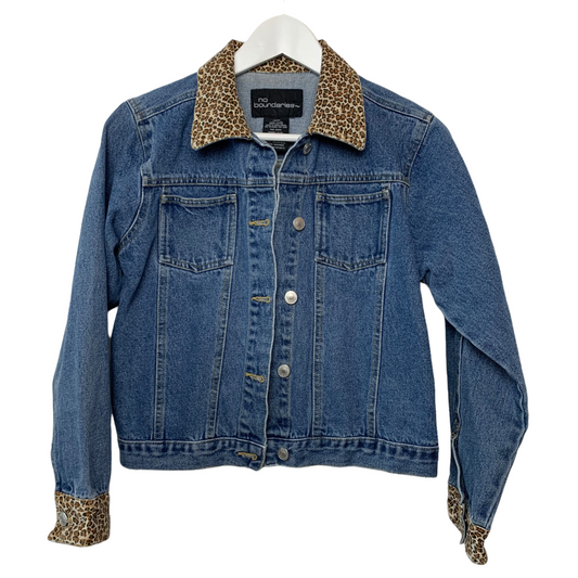 90s Y2K No Boundaries Denim Jean Jacket Leopard Trim