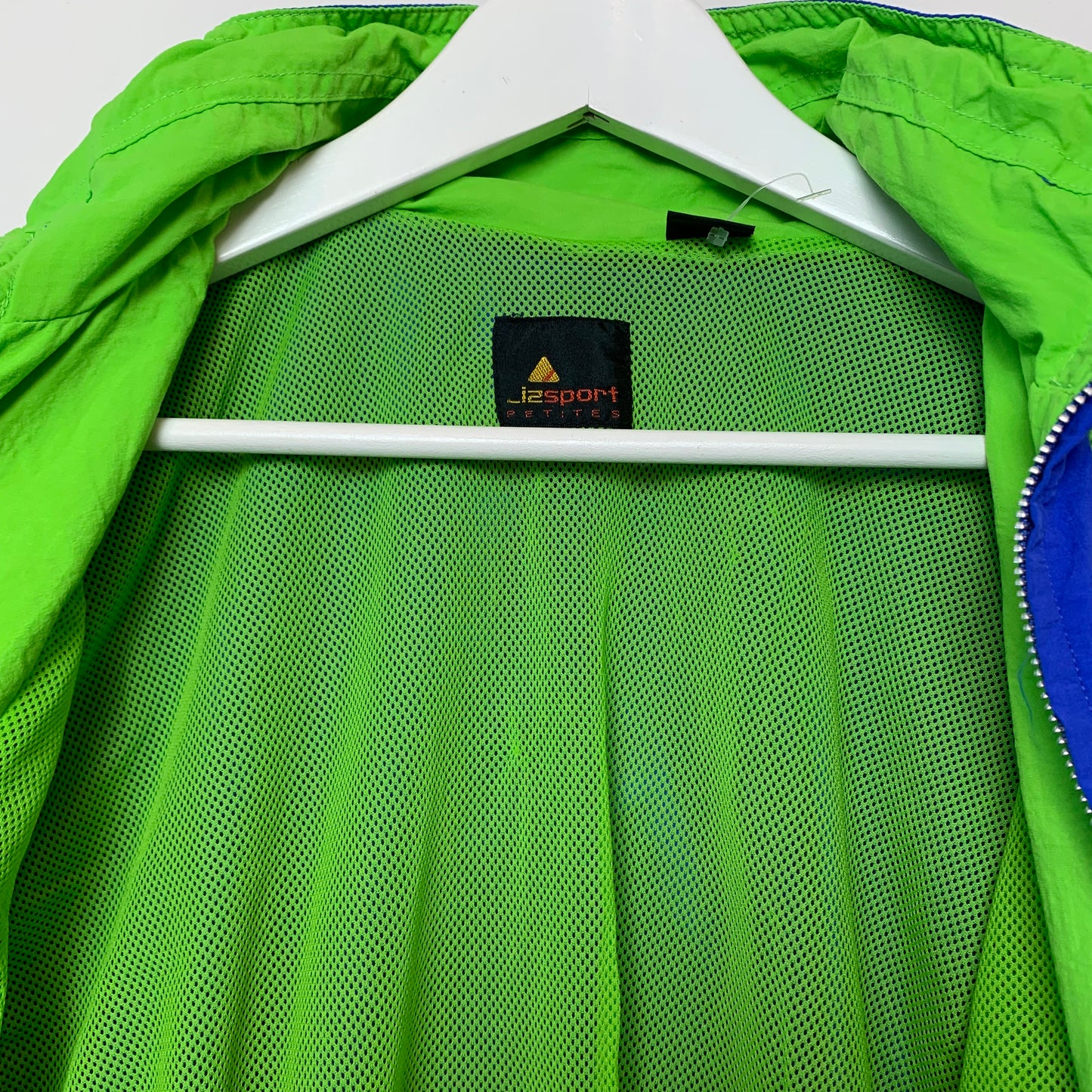 Vintage 90s Liz Claiborne Lizwear Blue and Neon Green Windbreaker Jacket Athletic Petite Small