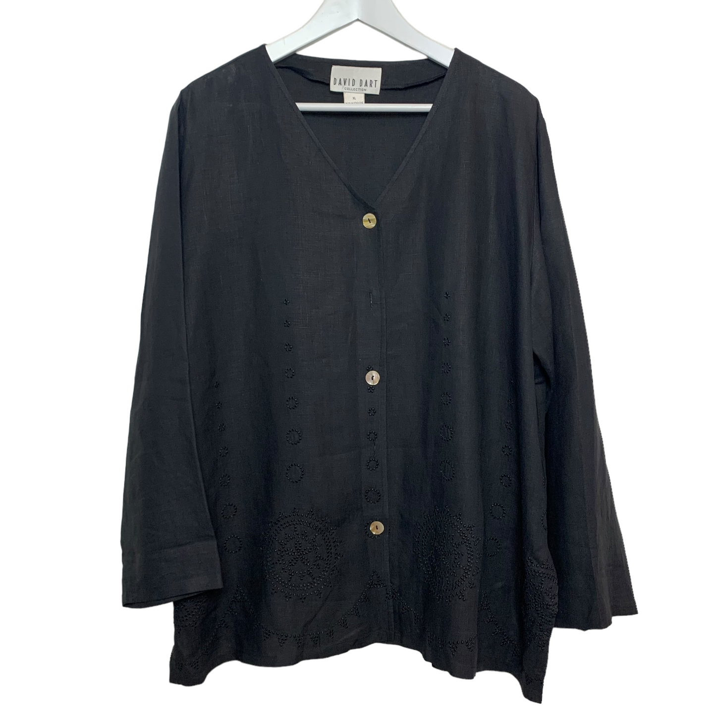 Vintage David Dart Black Linen Button Down Blouse Long Sleeve XL