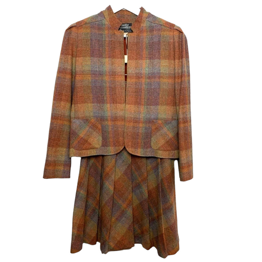 Vintage 60s 70s Patty Woodard Skirt Suit Blazer Wool Plaid Rainbow Pleated