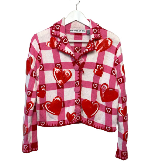 Vintage 90s Michael Simon Pink Hearts Cardigan Sweater Pink Red Checkered Valentines Small