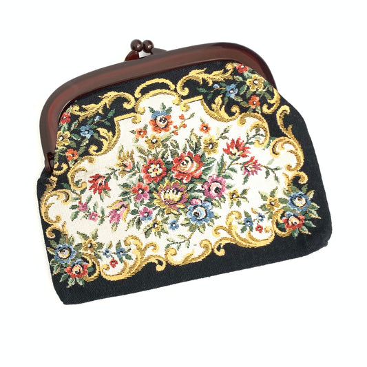 Vintage Tapestry Clutch Purse Wallet Floral Design and Plastic Closure