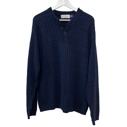 Vintage 90s Bill Blass Chunky Knit Henley Sweater Navy Blue Large