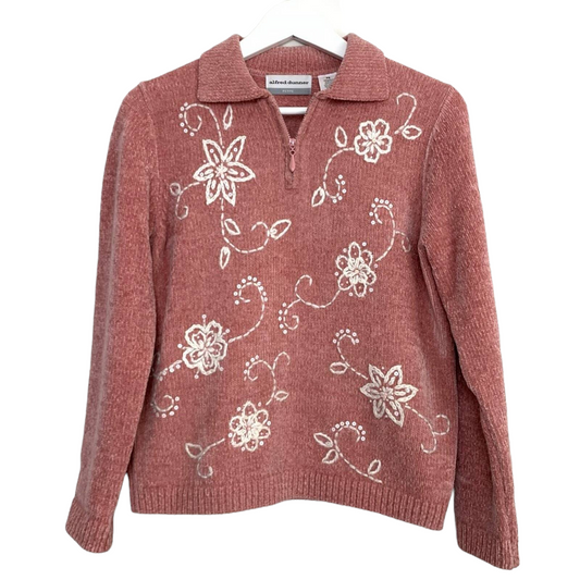 Alfred Dunner Pink Chenille Pullover Sweater Collared Collar Floral SP