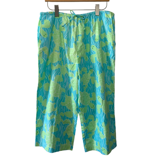 Vintage Lilly Pulitzer Turtle Print Capri Pants Drawstring XL Cotton Blue Green