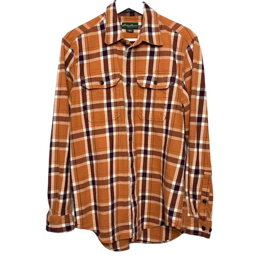 Eddie Bauer Plaid Flannel Shirt Jacket Shacket Medium Orange Maroon