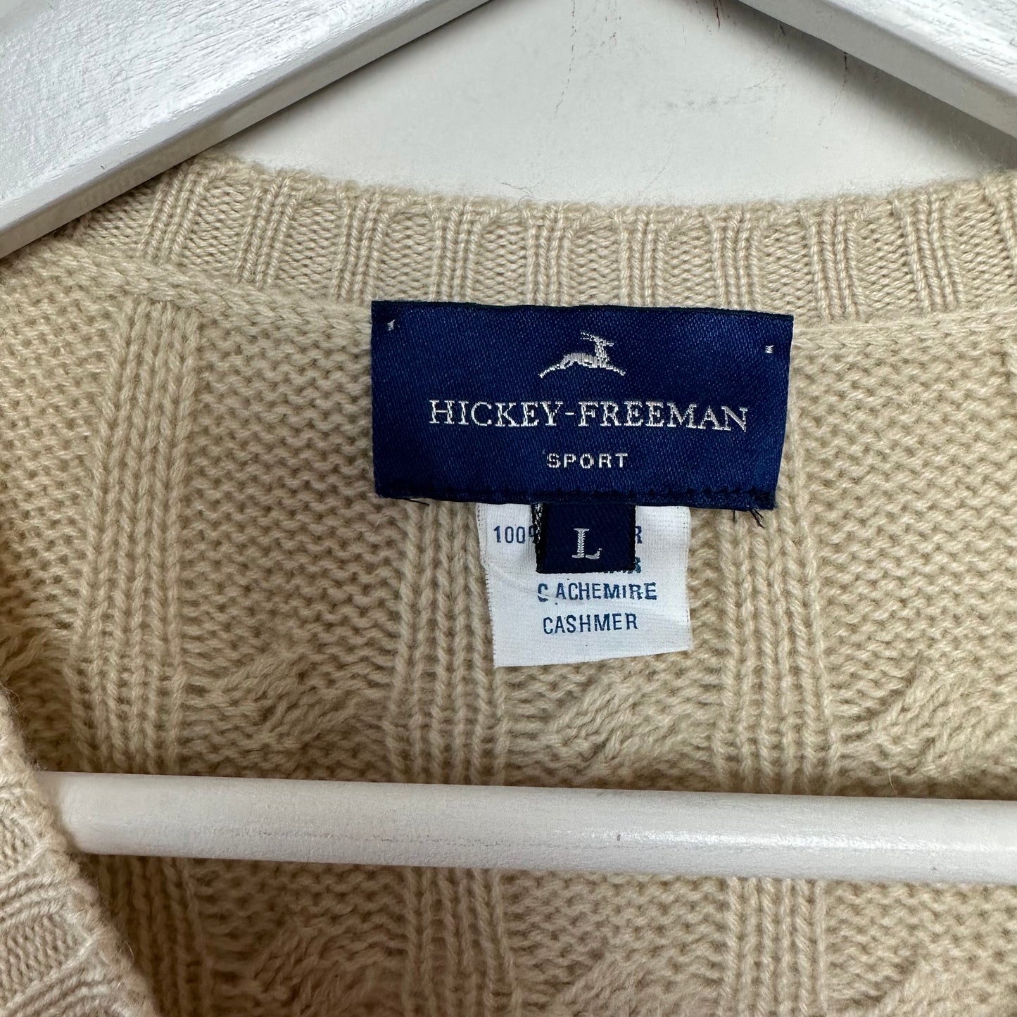 Hickey Freeman Sport Cashmere Sweater V Neck Pullover Chunky Knit Oatmeal Large