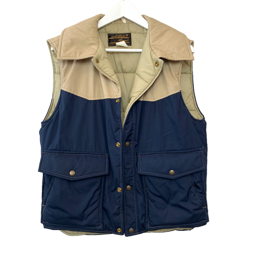 Vintage 80s Eddie Bauer Puffy Vest Tan Navy Blue Medium