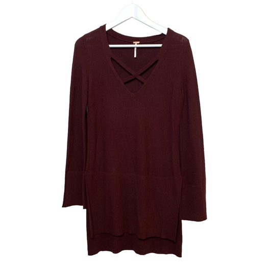 Free People Cross Front Tunic Sweater Maroon Small