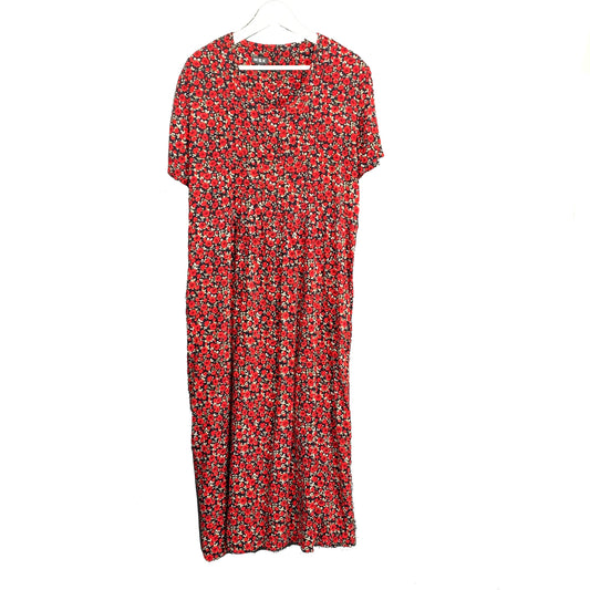 Vintage 90s MSK Red Floral Maxi Dress Short Sleeve Rayon 16