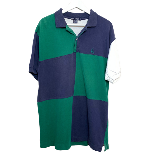 Vintage 90s Nautica Color Block Checkered Green and Blue Polo XL Cotton