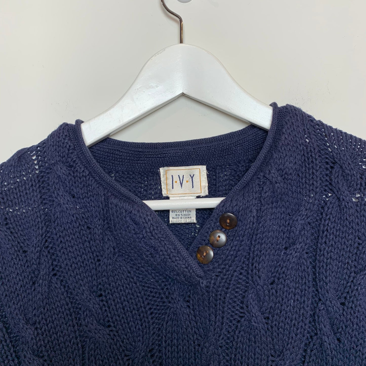 Vintage IVY Navy Blue Cable Knit Henley Sweater Chunky Knit Small
