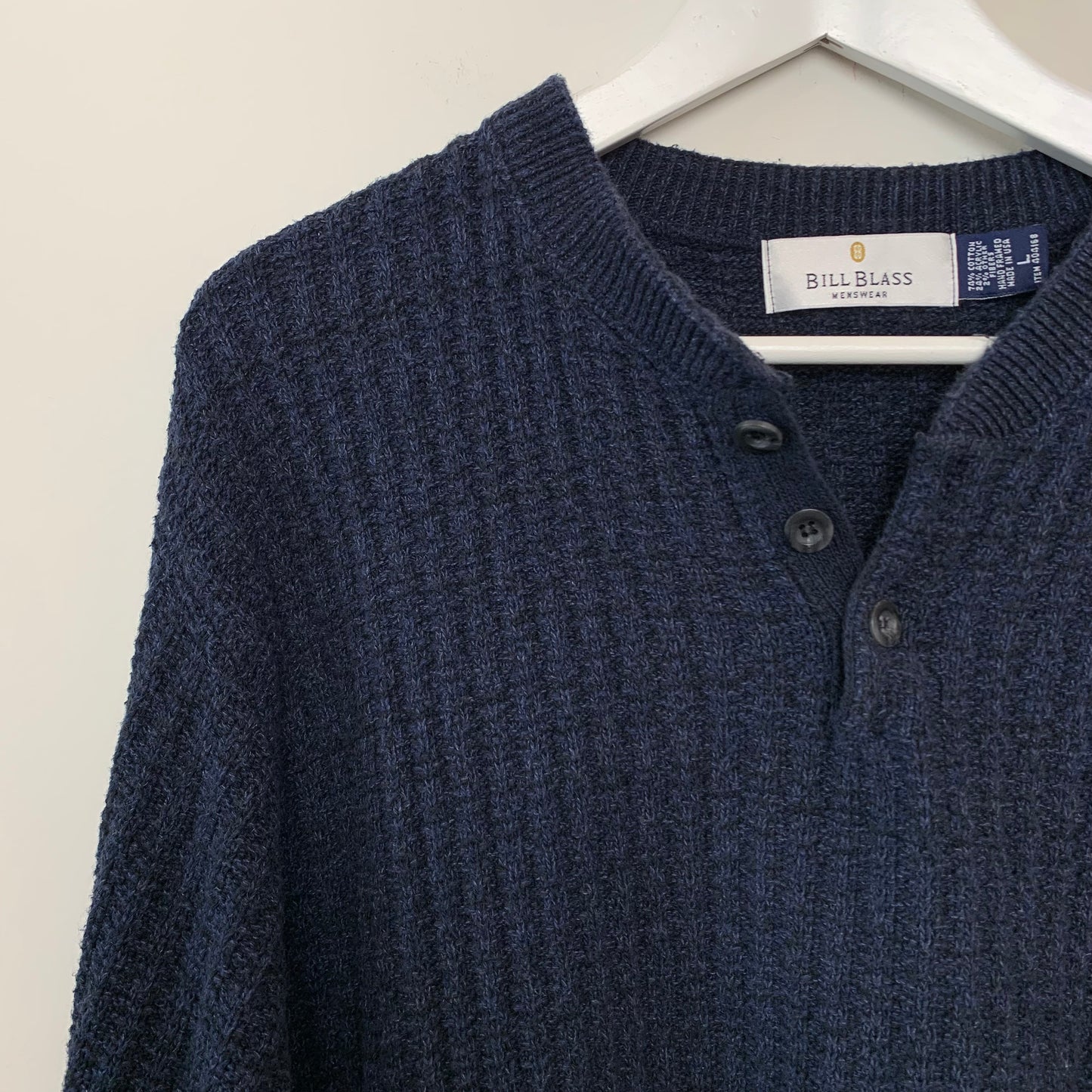 Vintage 90s Bill Blass Chunky Knit Henley Sweater Navy Blue Large