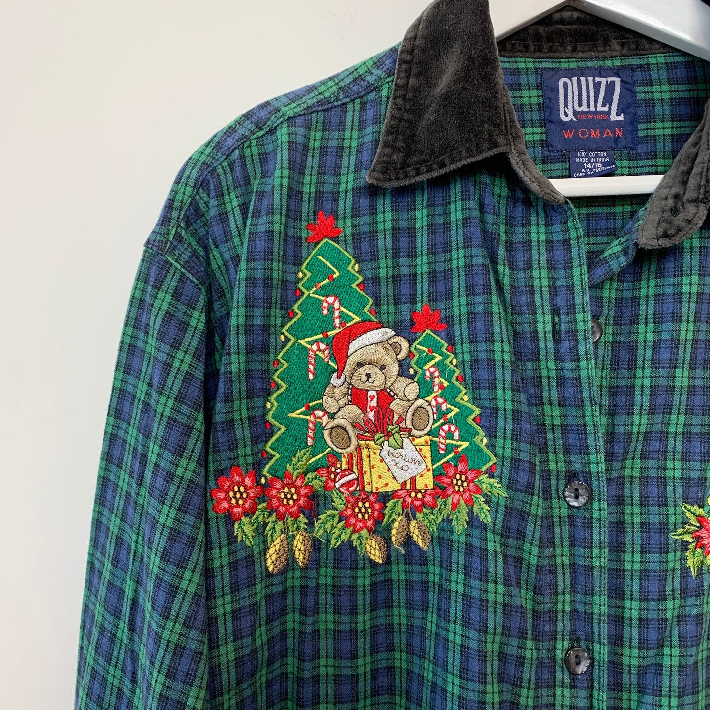 Vintage 90s Quizz Plaid Christmas Shirt Button Down Collared Shirt 14/16