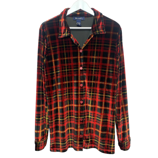 Vintage 90s Denim & Co Red Plaid Velvet Shirt Button Down Medium