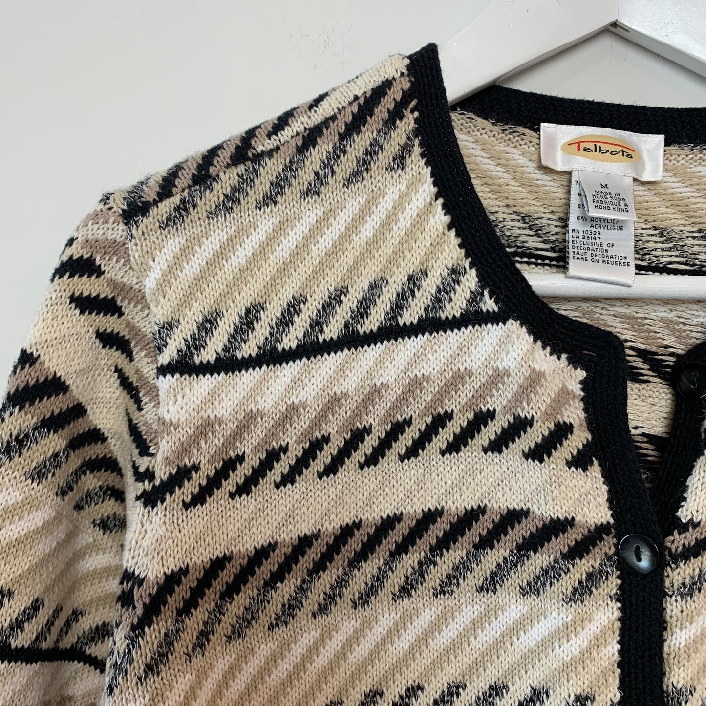 Vintage 90s Talbots Neutral Knit Striped Chunky Knit Cardigan Sweater Medium
