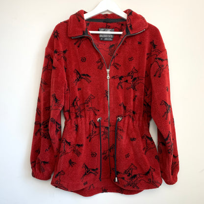 90s Tsunami Horse Fleece Jacket Red and Black with a Collar Size Small