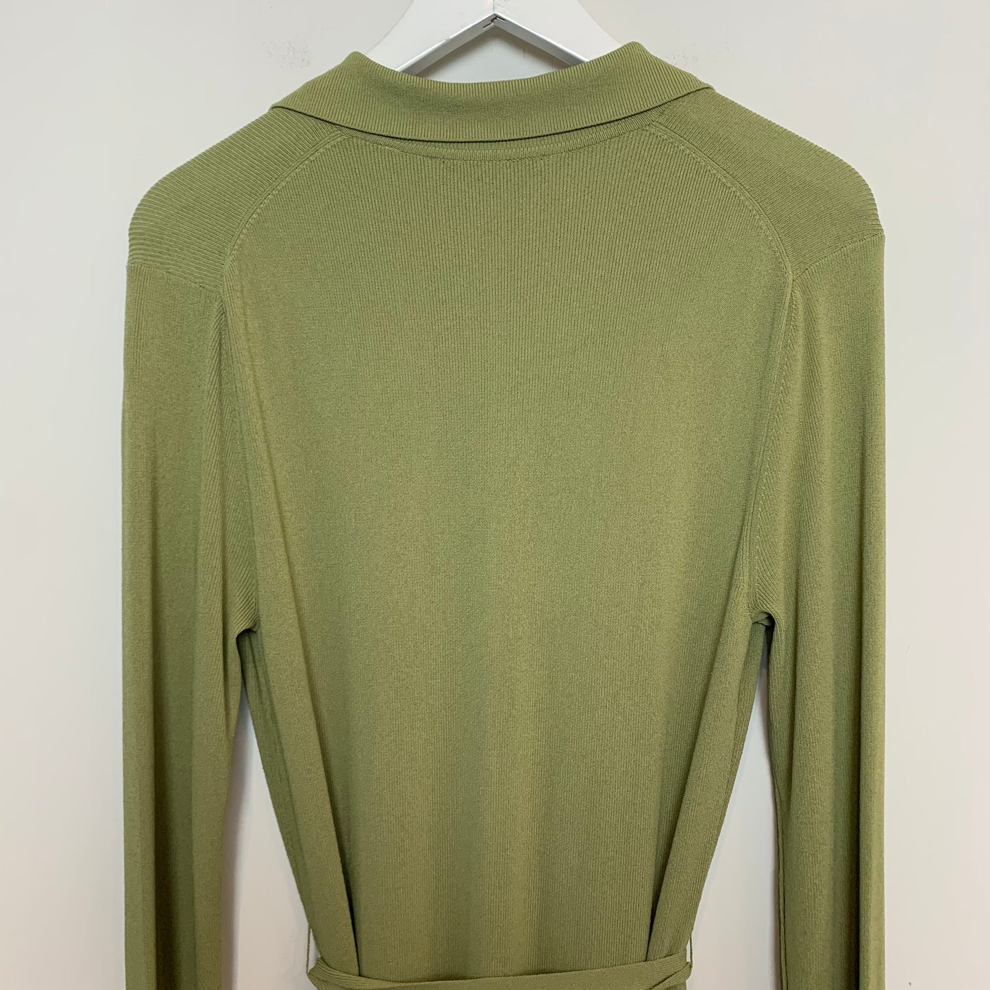 Y2K BCBG Max Azria Green Knit Long Cardigan Button Down Collared Belted Large