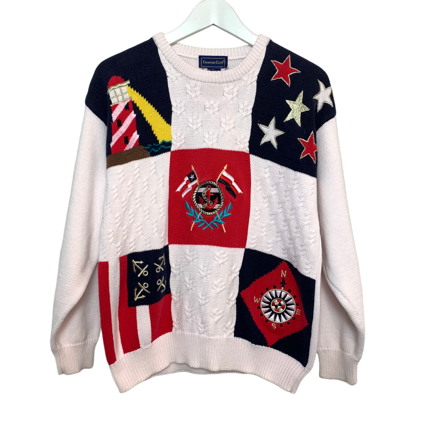 Vintage 90s Charter Club Chunky Knit Nautical Americana Sweater Medium
