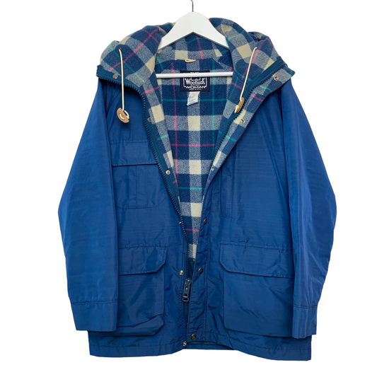 Vintage 70s 80s Woolrich Woman Blue Jacket Hooded Field Chore Parka Plaid Wool Medium