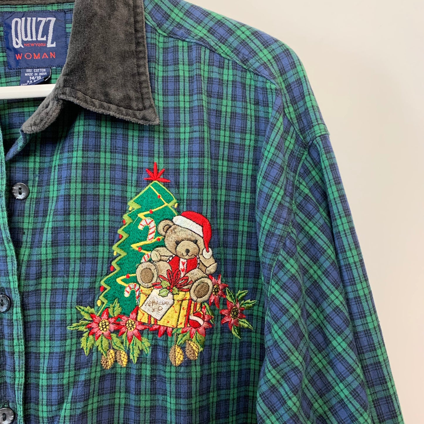 Vintage 90s Quizz Plaid Christmas Shirt Button Down Collared Shirt 14/16