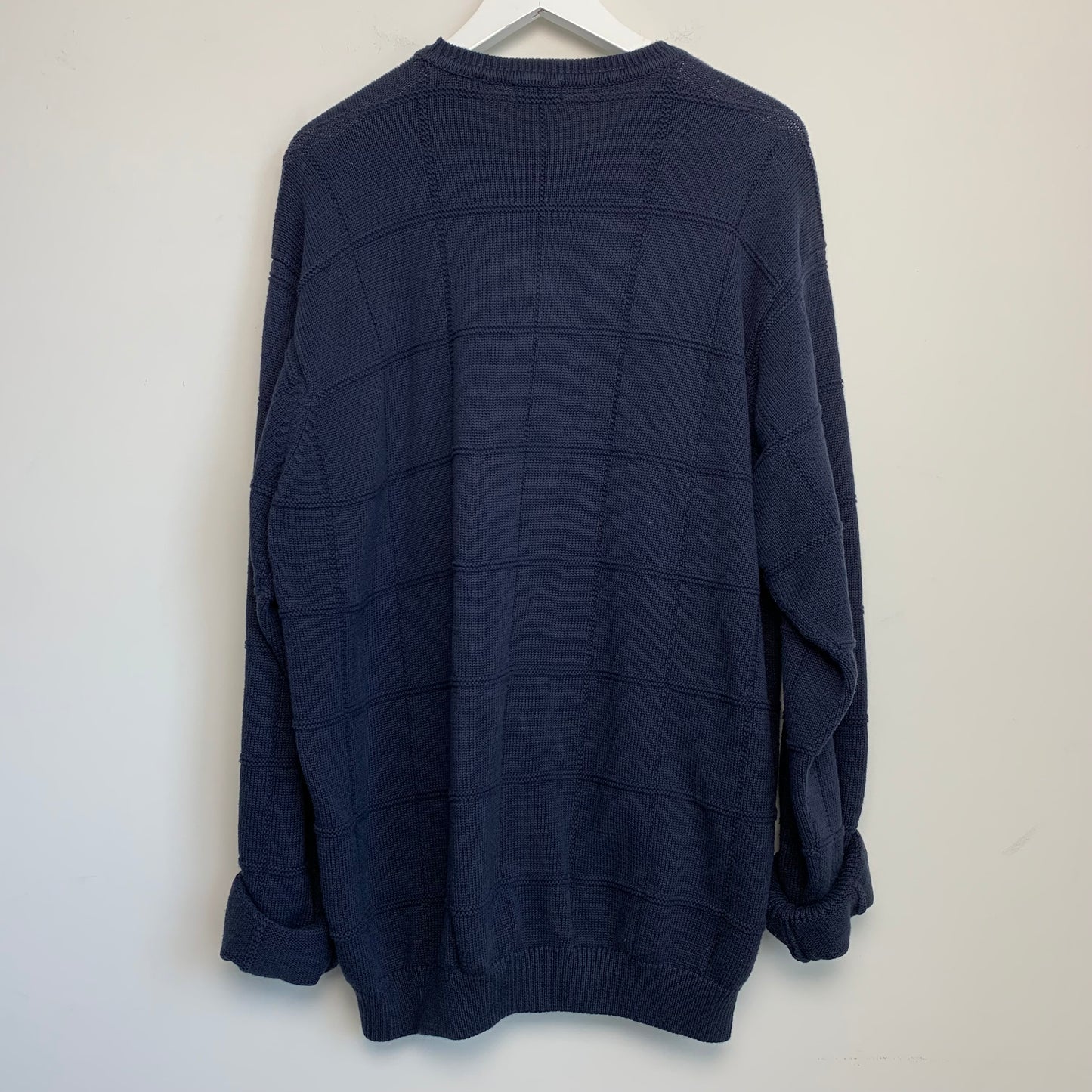 90s Izod Navy Blue Chunky Knit Grandpa Sweater Cotton Windowpane XL