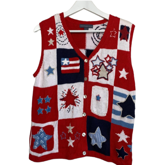 Northern Isles Americana 4th of July Sweater Vest Knit Patchwork Size Large