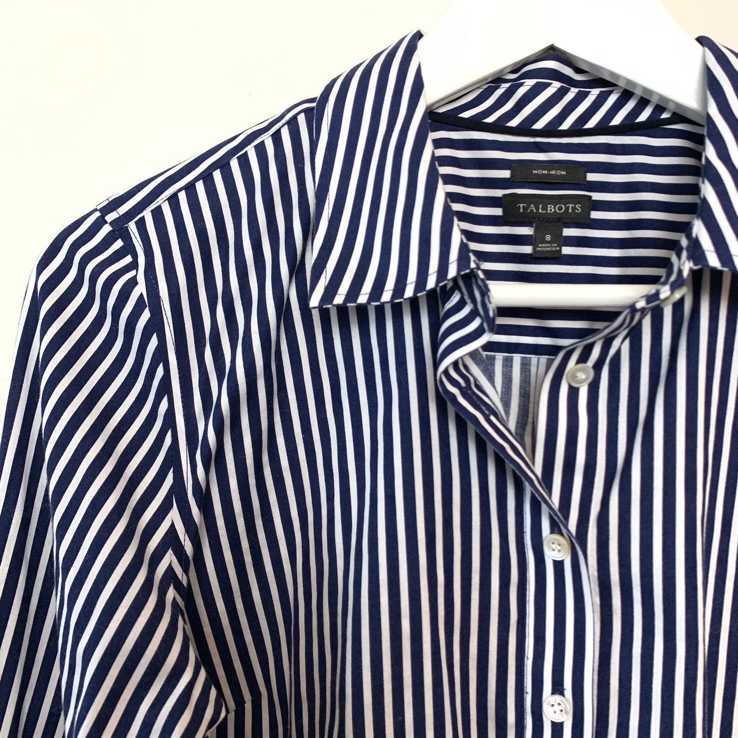 Talbots Navy Blue and White Striped Button Down Collared Shirt Popover 8