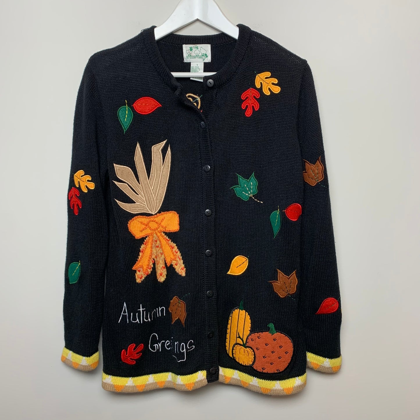 Vintage 90s The Quacker Factory Fall Autumn Greetings Cardigan Sweater Small