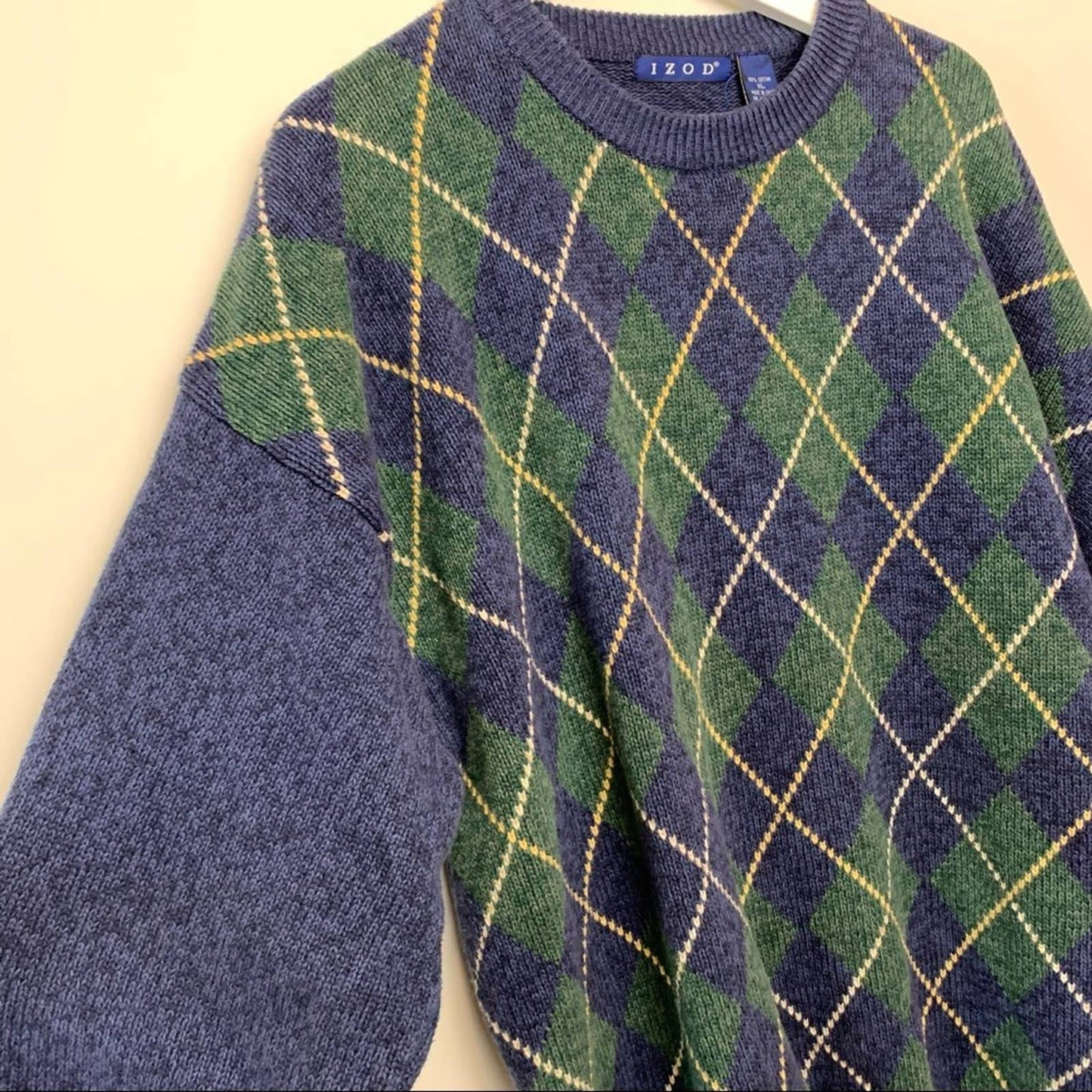 Vintage Izod 90s Argyle Chunky Knit Grandpa Sweater XL Cotton Oversized Blue