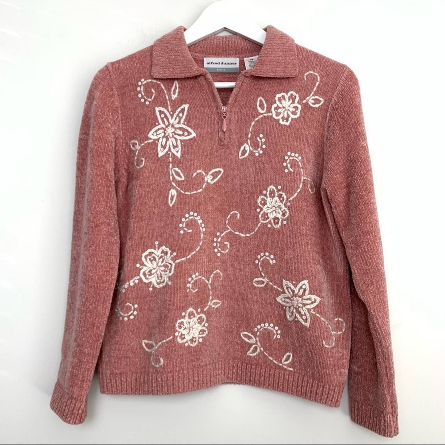 Alfred Dunner Pink Chenille Pullover Sweater Collared Collar Floral SP