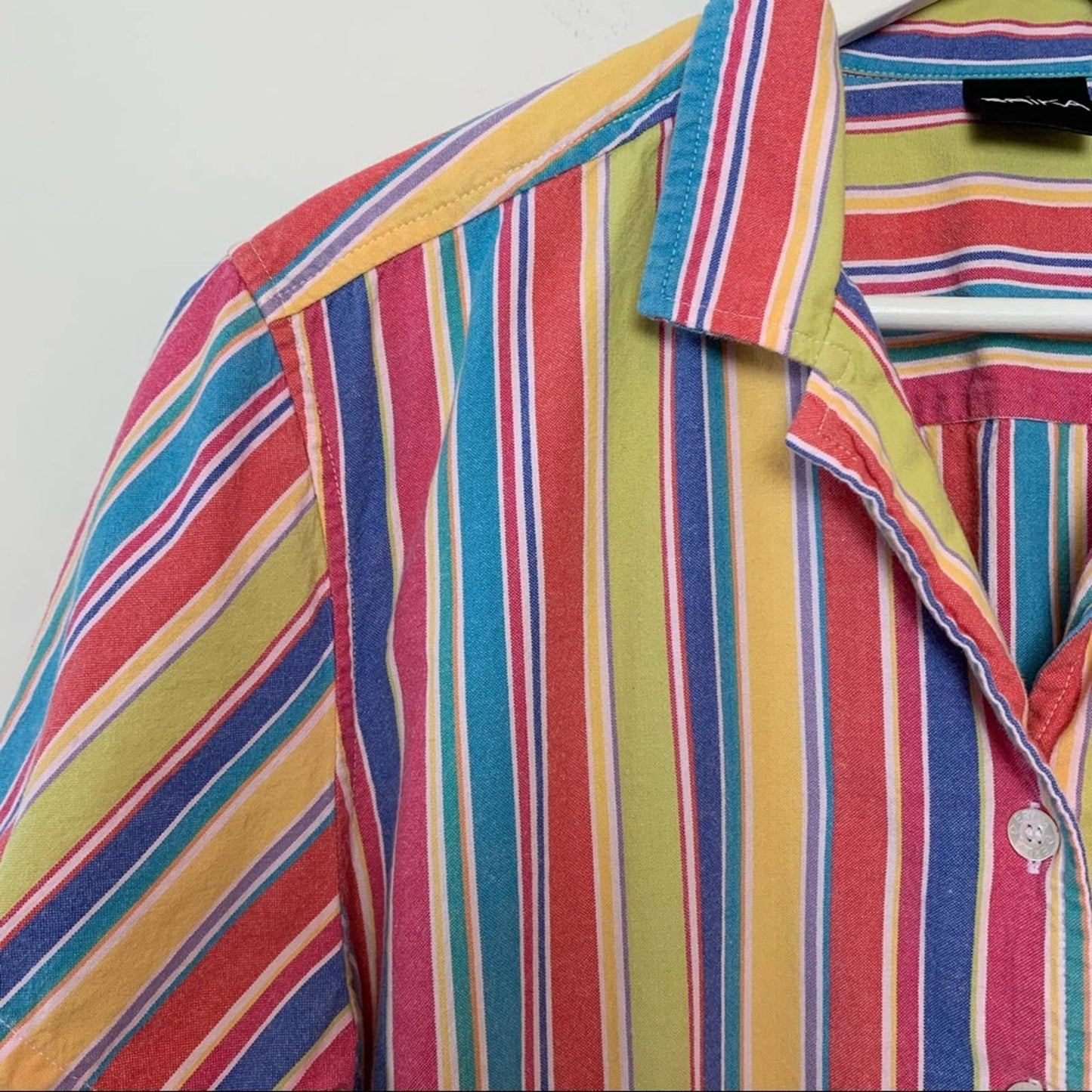 Vintage 90s Erika Rainbow Striped Short Sleeve Button Down Collared Shirt Large