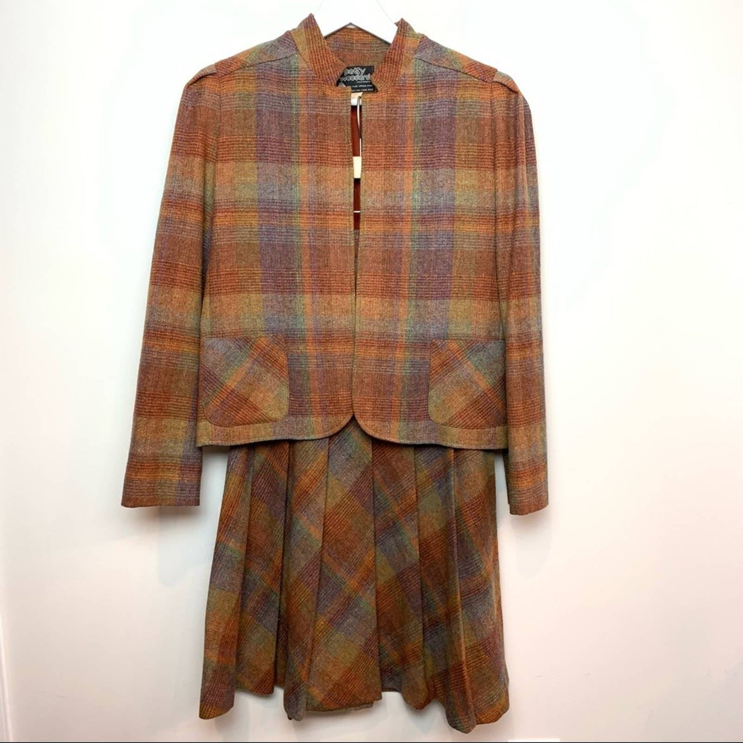 Vintage 60s 70s Patty Woodard Skirt Suit Blazer Wool Plaid Rainbow Pleated